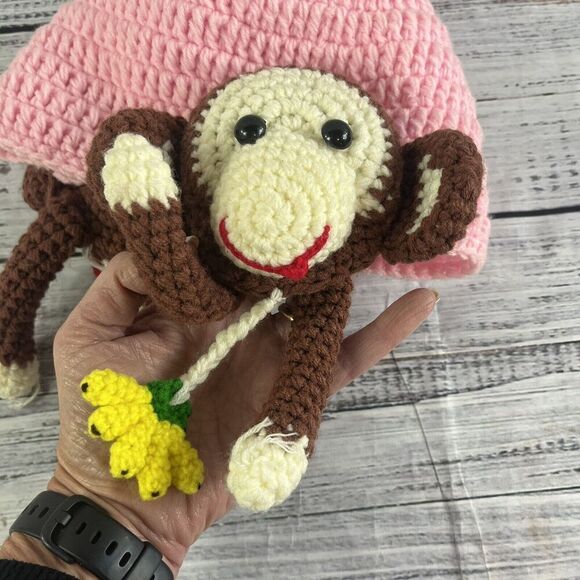 Crochet Sock Monkey Muffs Pink Youth Hat Beanie Trapper Handmade - Picture 4 of 9